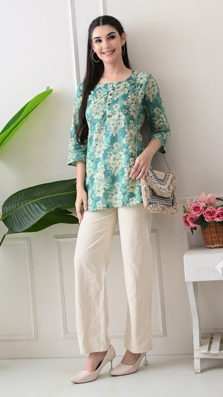 Aqua floral Pure Cotton Casual 3/4th Sleeves Top for women