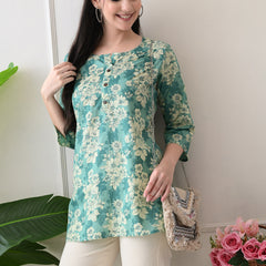 Aqua floral Pure Cotton Casual 3/4th Sleeves Top for women