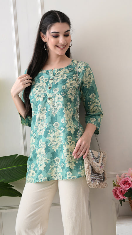 Aqua floral Pure Cotton Casual 3/4th Sleeves Top for women