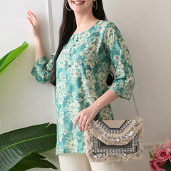Aqua floral Pure Cotton Casual 3/4th Sleeves Top for women