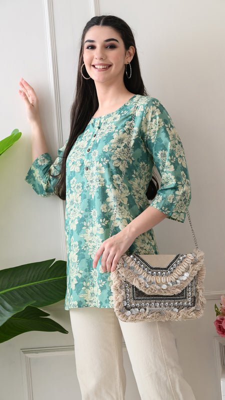 Aqua floral Pure Cotton Casual 3/4th Sleeves Top for women