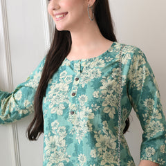 Aqua floral Pure Cotton Casual 3/4th Sleeves Top for women