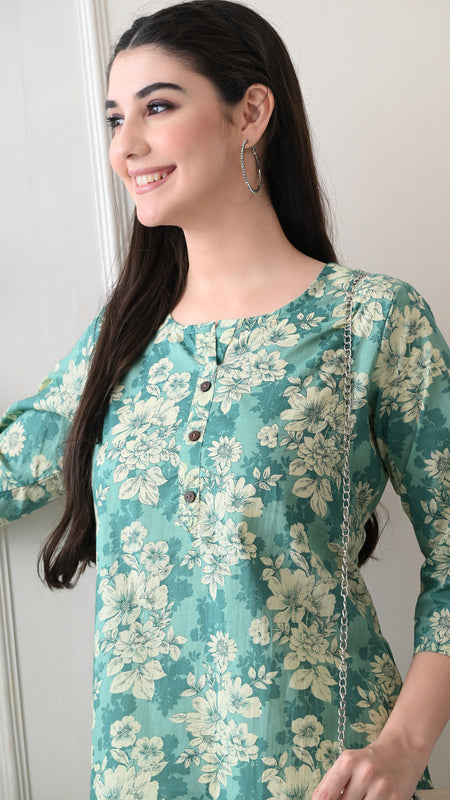Aqua floral Pure Cotton Casual 3/4th Sleeves Top for women