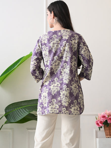 Lavender Floral Pure Cotton Casual 3/4th Sleeves Top for women