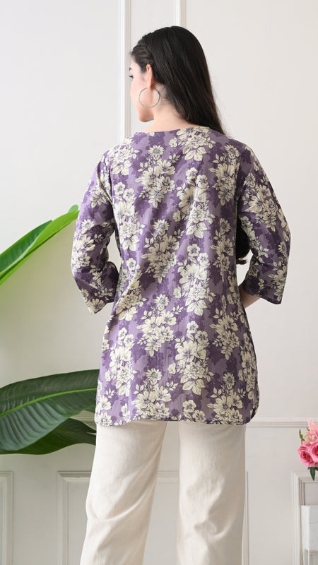 Lavender Floral Pure Cotton Casual 3/4th Sleeves Top for women