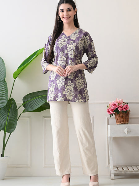 Lavender Floral Pure Cotton Casual 3/4th Sleeves Top for women