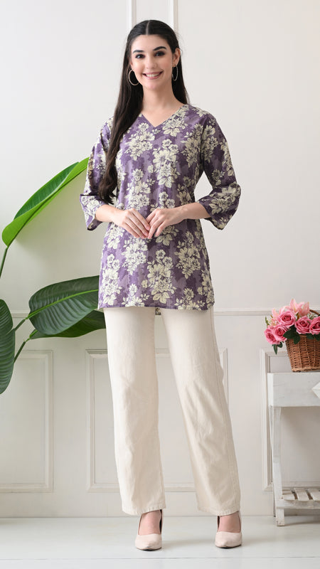 Lavender Floral Pure Cotton Casual 3/4th Sleeves Top for women