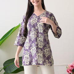 Lavender Floral Pure Cotton Casual 3/4th Sleeves Top for women