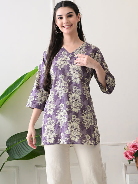 Lavender Floral Pure Cotton Casual 3/4th Sleeves Top for women