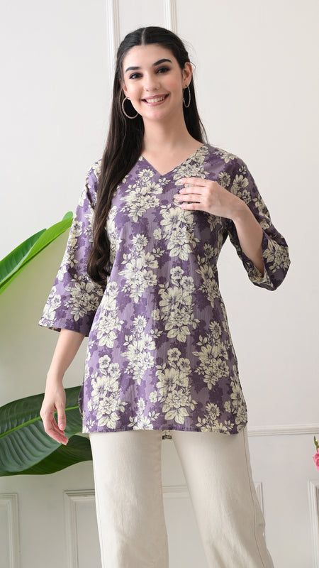Lavender Floral Pure Cotton Casual 3/4th Sleeves Top for women