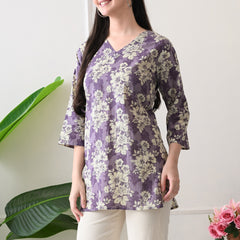 Lavender Floral Pure Cotton Casual 3/4th Sleeves Top for women