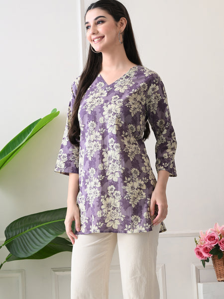 Lavender Floral Pure Cotton Casual 3/4th Sleeves Top for women