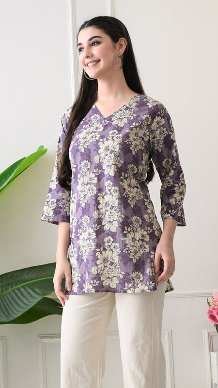 Lavender Floral Pure Cotton Casual 3/4th Sleeves Top for women