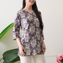 Lavender Floral Pure Cotton Casual 3/4th Sleeves Top for women