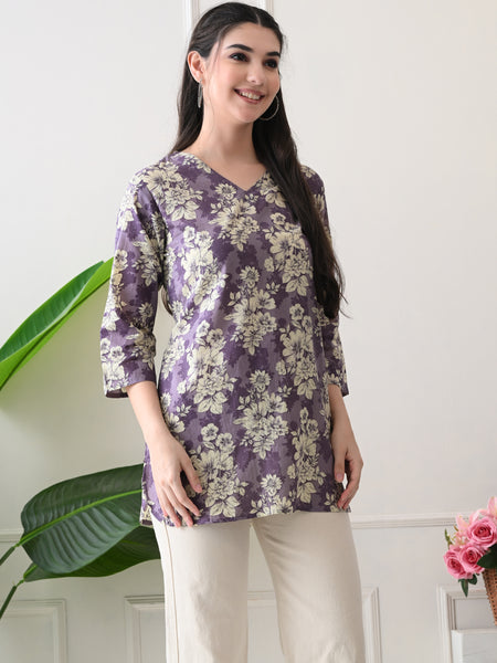 Lavender Floral Pure Cotton Casual 3/4th Sleeves Top for women