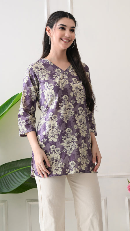 Lavender Floral Pure Cotton Casual 3/4th Sleeves Top for women