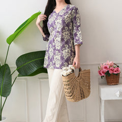 Lavender Floral Pure Cotton Casual 3/4th Sleeves Top for women