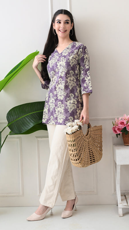 Lavender Floral Pure Cotton Casual 3/4th Sleeves Top for women