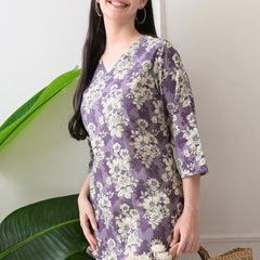 Lavender Floral Pure Cotton Casual 3/4th Sleeves Top for women