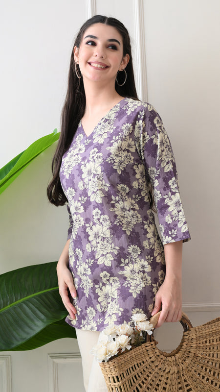 Lavender Floral Pure Cotton Casual 3/4th Sleeves Top for women