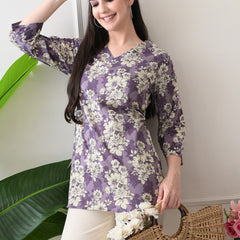 Lavender Floral Pure Cotton Casual 3/4th Sleeves Top for women