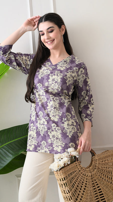 Lavender Floral Pure Cotton Casual 3/4th Sleeves Top for women