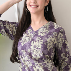 Lavender Floral Pure Cotton Casual 3/4th Sleeves Top for women