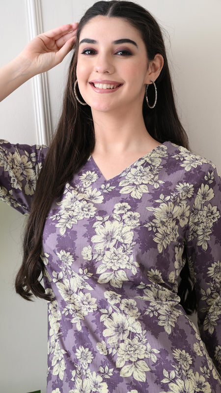 Lavender Floral Pure Cotton Casual 3/4th Sleeves Top for women