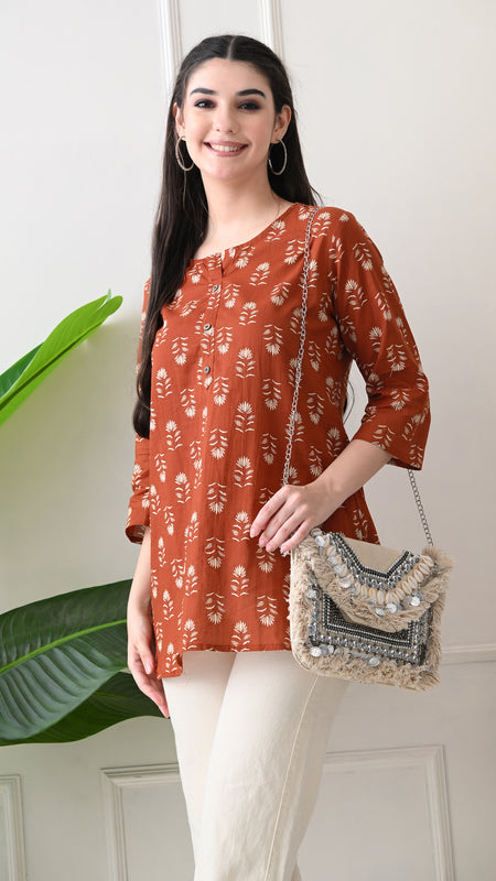 Rustic Butti Pure Cotton Casual 3/4th Sleeves Top for women