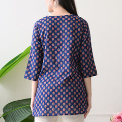 Navy Micro Butti Pure Cotton Casual 3/4th Sleeves Top for women