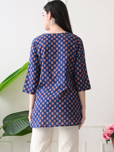 Navy Micro Butti Pure Cotton Casual 3/4th Sleeves Top for women