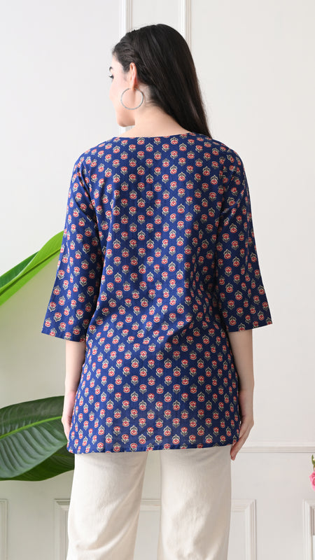 Navy Micro Butti Pure Cotton Casual 3/4th Sleeves Top for women