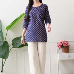 Navy Micro Butti Pure Cotton Casual 3/4th Sleeves Top for women