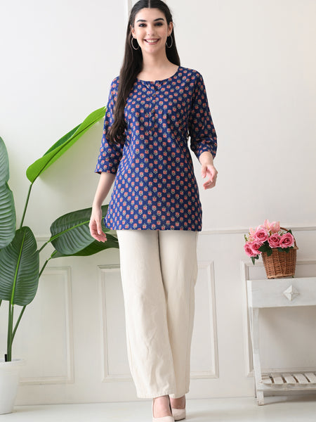 Navy Micro Butti Pure Cotton Casual 3/4th Sleeves Top for women