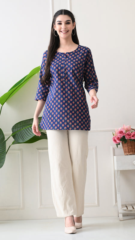 Navy Micro Butti Pure Cotton Casual 3/4th Sleeves Top for women