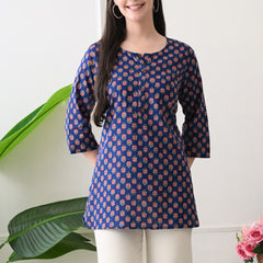Navy Micro Butti Pure Cotton Casual 3/4th Sleeves Top for women