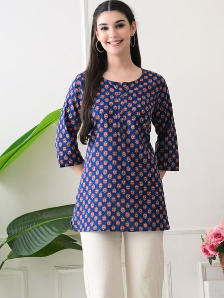 Navy Micro Butti Pure Cotton Casual 3/4th Sleeves Top for women
