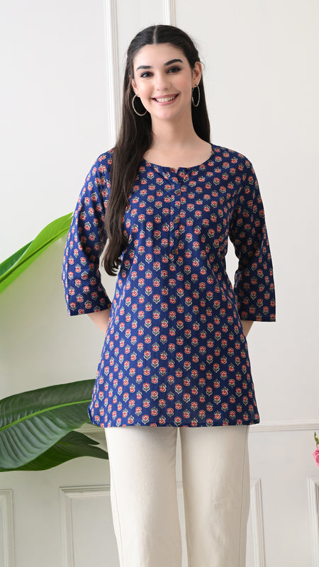 Navy Micro Butti Pure Cotton Casual 3/4th Sleeves Top for women