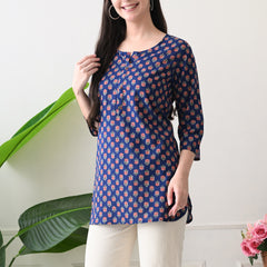 Navy Micro Butti Pure Cotton Casual 3/4th Sleeves Top for women