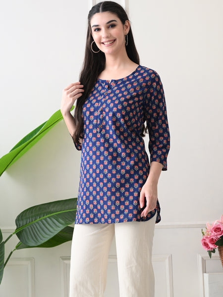Navy Micro Butti Pure Cotton Casual 3/4th Sleeves Top for women