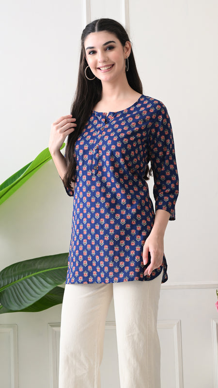Navy Micro Butti Pure Cotton Casual 3/4th Sleeves Top for women