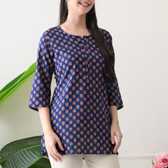 Navy Micro Butti Pure Cotton Casual 3/4th Sleeves Top for women
