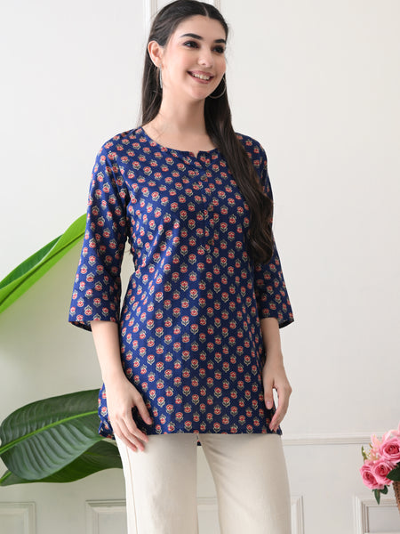 Navy Micro Butti Pure Cotton Casual 3/4th Sleeves Top for women