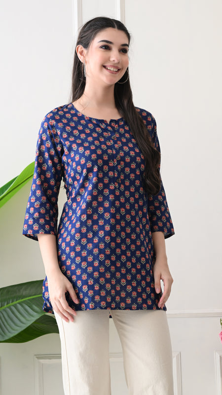 Navy Micro Butti Pure Cotton Casual 3/4th Sleeves Top for women