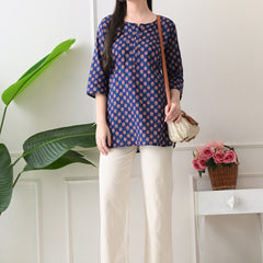 Navy Micro Butti Pure Cotton Casual 3/4th Sleeves Top for women