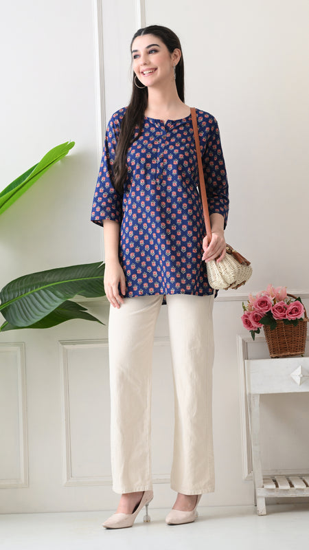 Navy Micro Butti Pure Cotton Casual 3/4th Sleeves Top for women