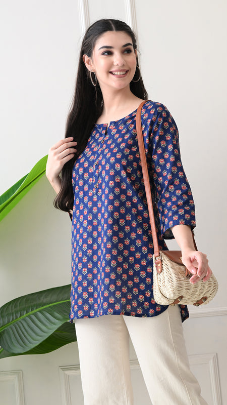 Navy Micro Butti Pure Cotton Casual 3/4th Sleeves Top for women
