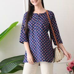 Navy Micro Butti Pure Cotton Casual 3/4th Sleeves Top for women