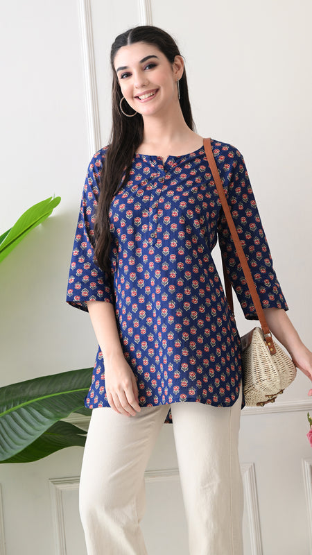 Navy Micro Butti Pure Cotton Casual 3/4th Sleeves Top for women