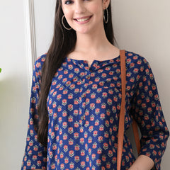 Navy Micro Butti Pure Cotton Casual 3/4th Sleeves Top for women